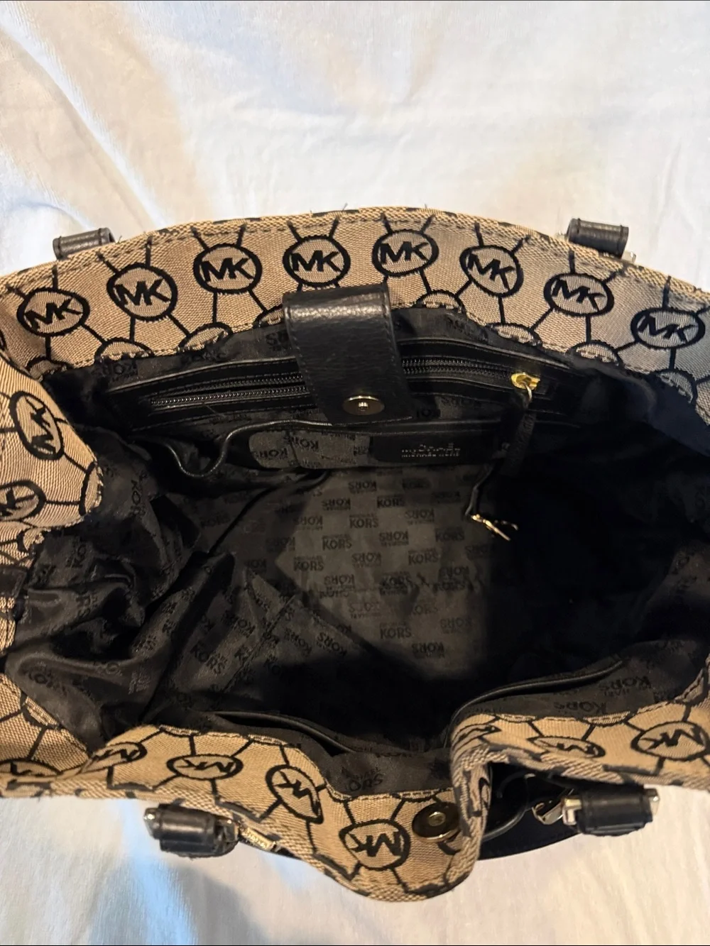 Michael Kors Tan Logo Canvas Tote with Black Trim